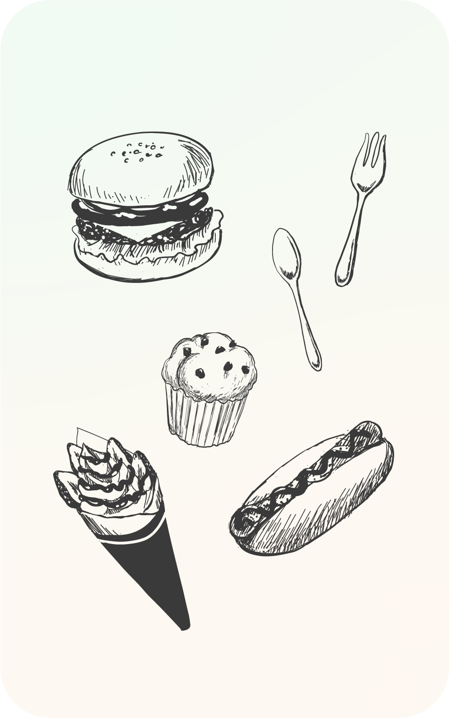 ハンバーガーやケーキなどの食品のイラスト イメージ